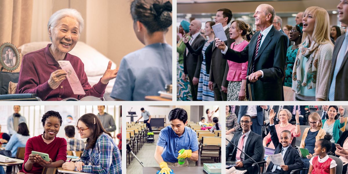 Bildcollage: Möglichkeiten, Jehova zu preisen. 1. Eine ältere Schwester zeigt einer Pflegerin ein Traktat. 2. Brüder und Schwestern singen bei einer Zusammenkunft. 3. Ein Junge meldet sich bei einer Zusammenkunft, um einen Kommentar zu geben. 4. Ein junger Bruder hilft bei der Saalreinigung. 5. Eine junge Schwester spricht mit einer Mitschülerin über ihren Glauben.