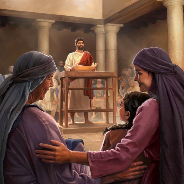 Jesus spricht in einer Synagoge und hält eine geöffnete Buchrolle in den Händen. Männer, Frauen und Kinder hören ihm aufmerksam zu.