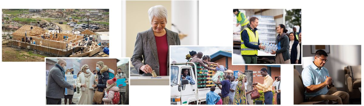 Collage: Verschiedene Möglichkeiten zu helfen. 1. Brüder und Schwestern bauen nach einer Naturkatastrophe einen Königreichssaal wieder auf. 2. Brüder und Schwestern heißen eine geflüchtete Mutter und ihre Tochter herzlich willkommen. 3. Eine Schwester steckt im Königreichssaal etwas in den Spendenkasten. 4. Brüder und Schwestern verteilen vor einem Königreichssaal Hilfsgüter an Flüchtlinge. 5. Freiwillige geben Trinkwasserpacks aus. 6. Ein Bruder betet.