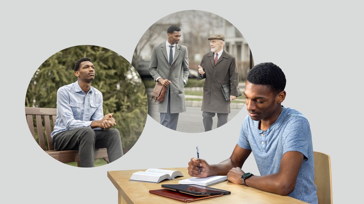 Ein junger Bruder beim persönlichen Studium. Collage: 1. Er betet im Freien. 2. Im Predigtdienst hört er aufmerksam einem älteren Bruder zu, der ihm etwas rät.