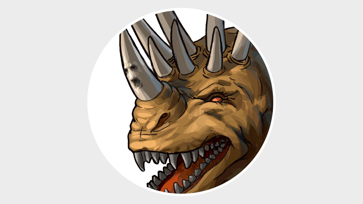 Der Kopf eines Tieres mit Hörnern. Zwischen den Hörnern wächst ein kleines Horn mit Augen und einem Mund.