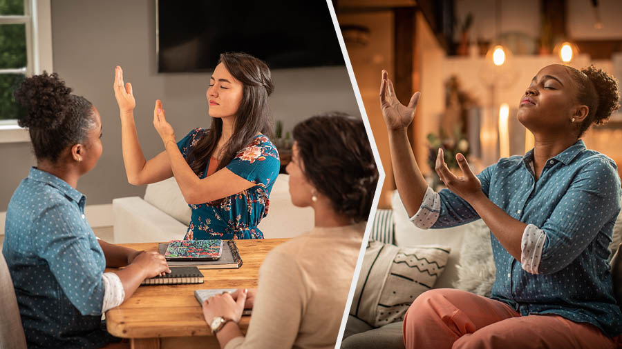 Verschiedene Szenen: 1. Die Schwester betet vor dem Studium mit ihrer Schülerin. 2. Später betet die Bibelschülerin für sich.