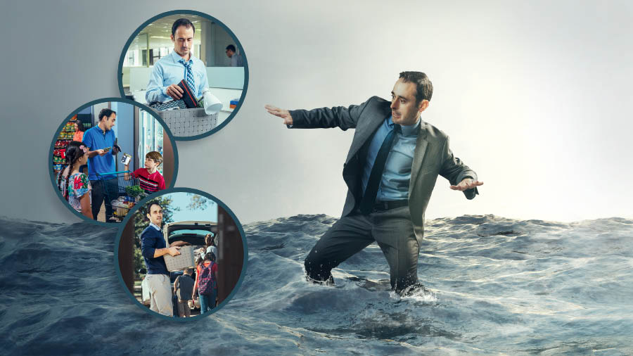 Ein Bruder versinkt im Meer. Collage: 1. Der Bruder packt seine Sachen und räumt seinen Arbeitsplatz. 2. Beim Einkaufen mit seinen Kindern hat er nicht genug Geld für Lebensmittel. 3. Der Bruder und seine Familie müssen aus ihrer Wohnung ausziehen.