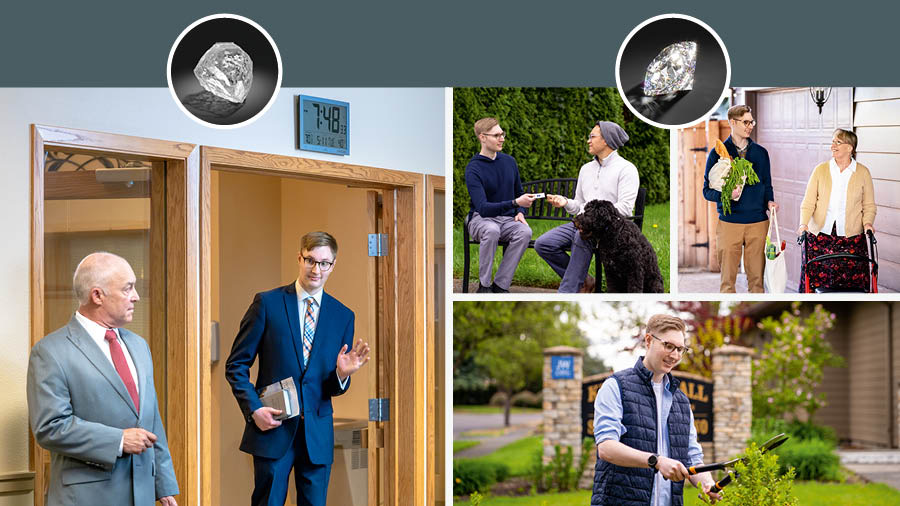 Unter dem Bild eines Rohdiamanten sieht man, wie ein junger Bruder zu spät zur Zusammenkunft kommt und von einem älteren Bruder kritisch angeschaut wird. Collage: Unter dem Bild eines geschliffenen Diamanten sieht man den jungen Bruder in drei Situationen. 1. Er gibt einem Mann auf einer Parkbank eine Kontaktkarte. 2. Er trägt Lebensmitteltüten für eine ältere Frau. 3. Er hilft bei der Gartenarbeit am Königreichssaal mit.