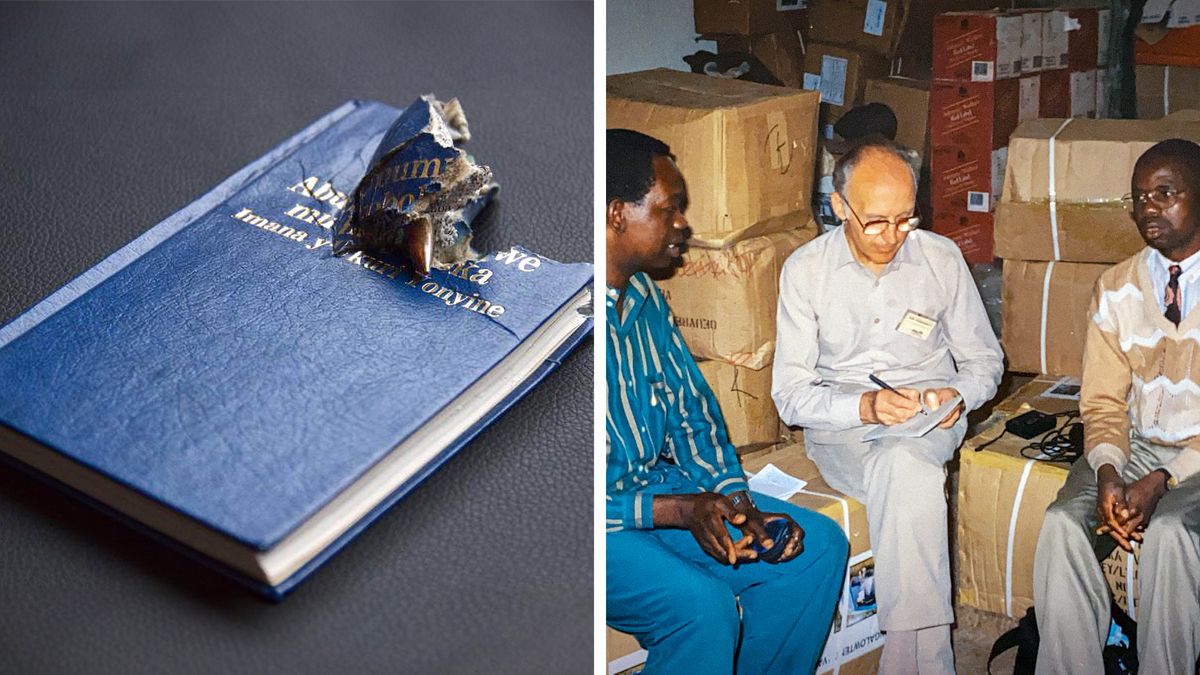 Collage: 1. Ein durchlöchertes Buch. 2. Marcel mit zwei Brüdern umgeben von Hilfsgütern.