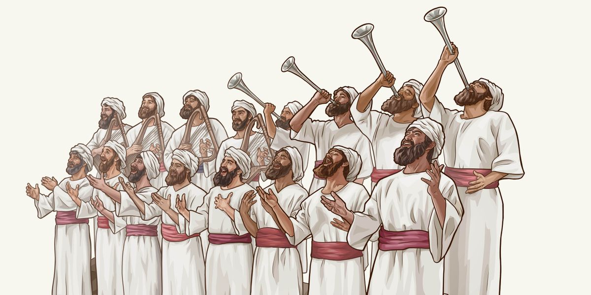 Israeliten, die bei der Anbetung Jehovas mit Trompeten und Harfen musizieren und laut singen.