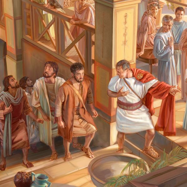 Petrus und seine Begleiter werden von Kornelius in einen Raum im Obergeschoss seines Hauses geführt.