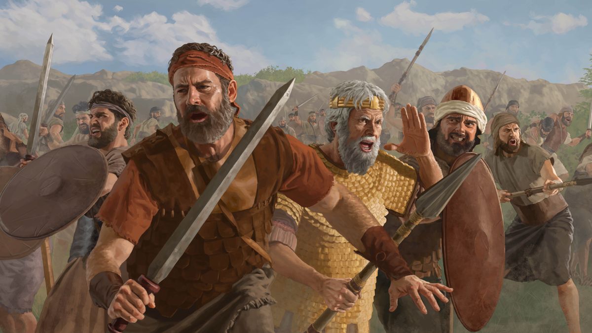 Jonathan, Saul und das israelitische Heer kämpfen mit Schwertern, Speeren und Schilden.