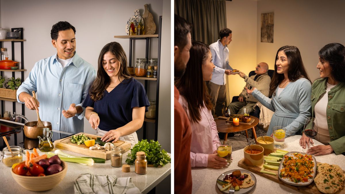 Collage: Ein Ehepaar behandelt einander mit Respekt. 1. Während sie gemeinsam Essen zubereiten, spricht der Mann liebevoll mit seiner Frau. 2. Die Frau lobt ihren Mann vor den Gästen, während er einem älteren Bruder im Hintergrund etwas zu essen bringt.