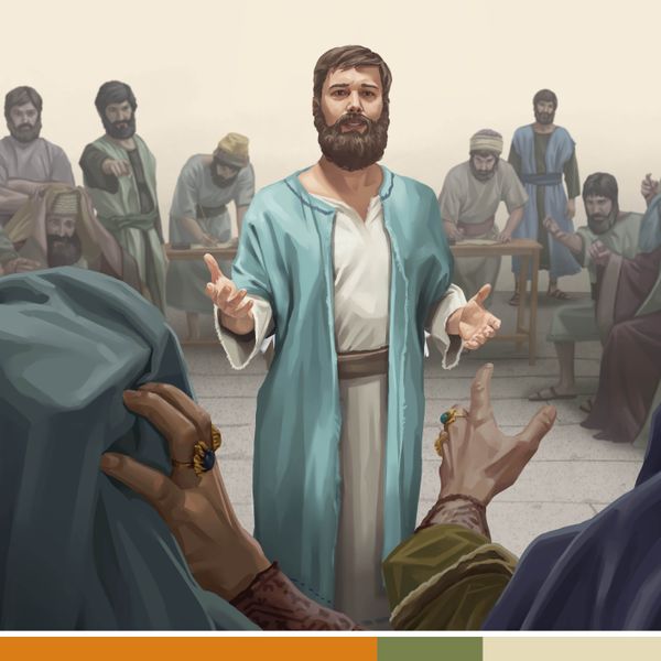 Serie de imágenes: 1. Esteban defiende su fe ante el Sanedrín. 2. Áquila y Priscila hacen una tienda de campaña. 3. Felipe, su esposa y sus cuatro hijas andando por un camino. 4. Tito habla con un anciano.