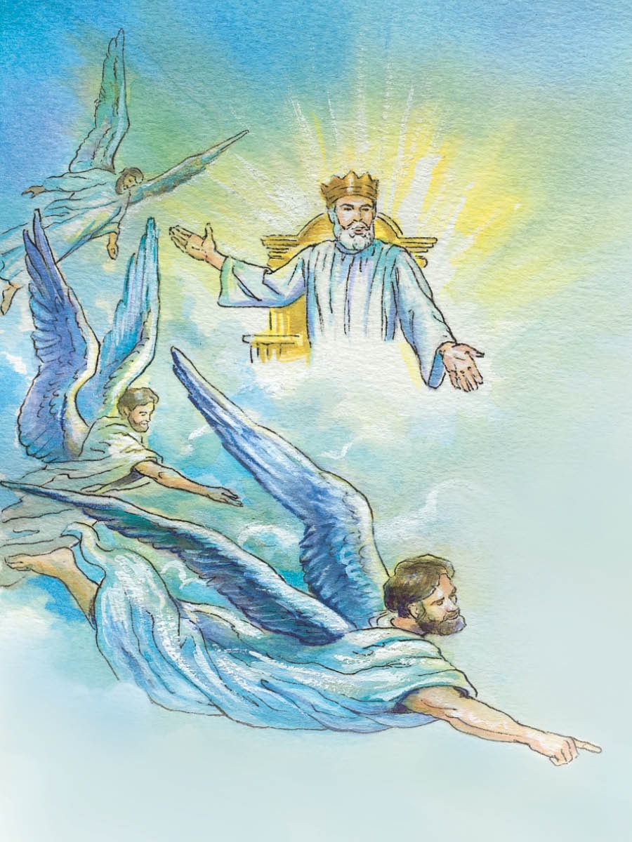 Jesucristo en su papel de rey del Reino de Dios y unos ángeles dirigiendo la predicación