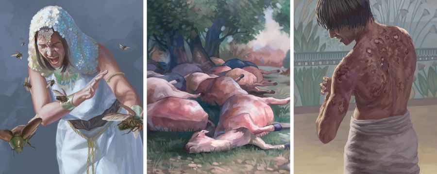 La cuarta, la quinta y la sexta plaga de Egipto: tábanos, animales enfermos, heridas en la piel