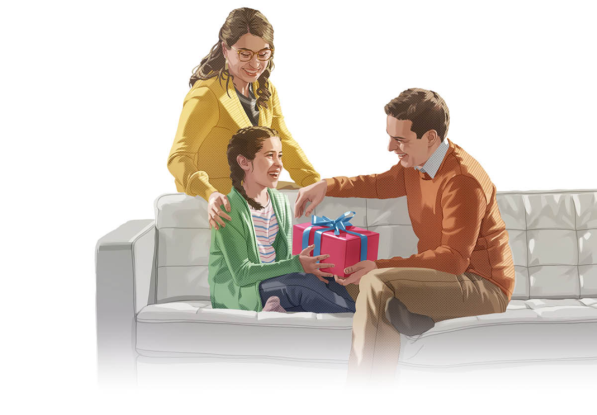 Una niña recibiendo por sorpresa un regalo de sus padres.