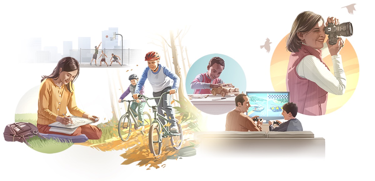 Imágenes de personas de distintas edades disfrutando de entretenimiento sano: 1. Una jovencita escuchando música mientras dibuja. 2. Tres muchachos jugando básquet. 3. Dos niños en bicicleta. 4. Un niño armando un auto de juguete. 5. Un hombre tocando un tambor. 6. Un niño y su padre jugando un videojuego. 7. Una mujer tomando fotografías.