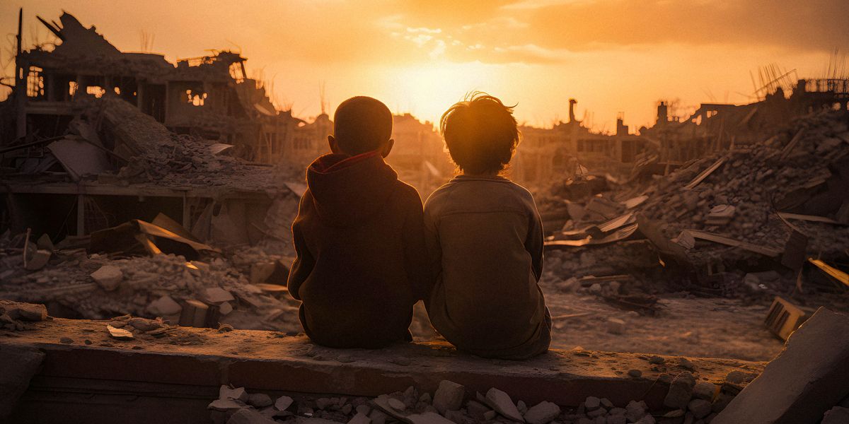 Dos niños sentados juntos mirando una ciudad destruida por la guerra.