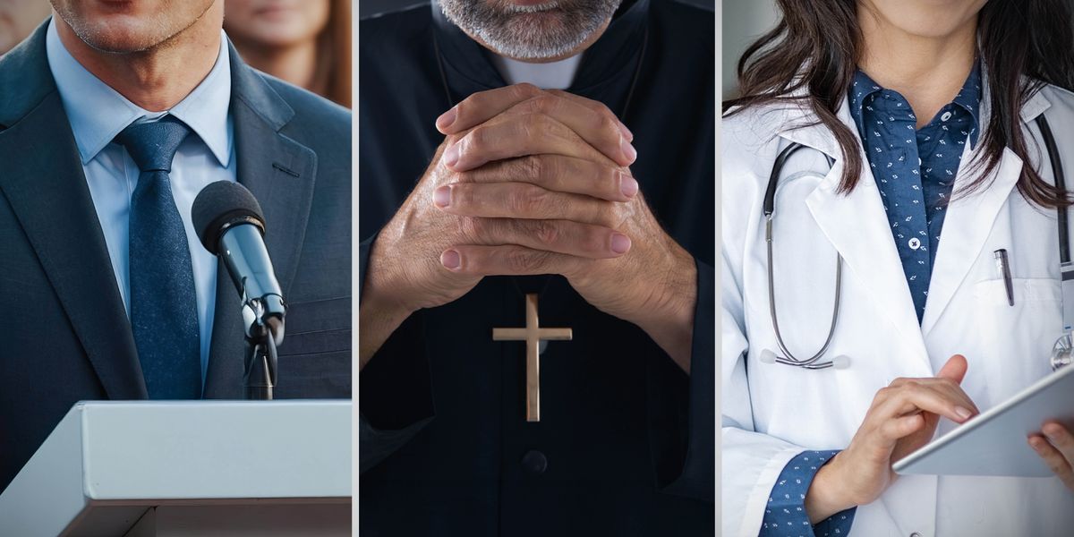 Imágenes de personas que muchos consideran confiables: 1. Un político frente a un micrófono. 2. Un sacerdote rezando. 3. Una científica tomando notas.