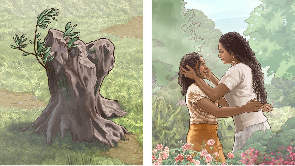 Serie de imágenes: 1. Un tocón de un árbol del que brotan unas ramitas. 2. En el Paraíso, una mamá abraza a su hija que acaba de resucitar.