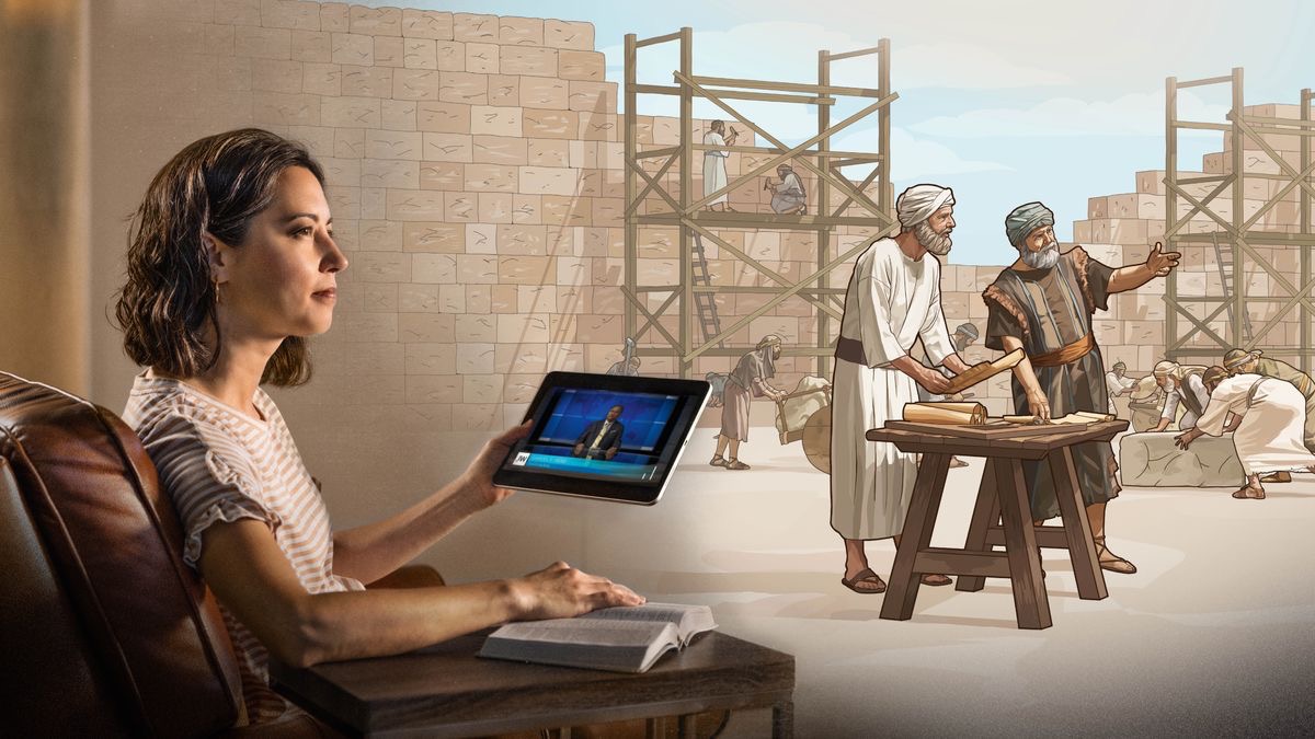 Una hermana ve un programa de JW Broadcasting y se imagina a Zorobabel y al sumo sacerdote Jesúa dirigiendo las obras de reconstrucción del templo.