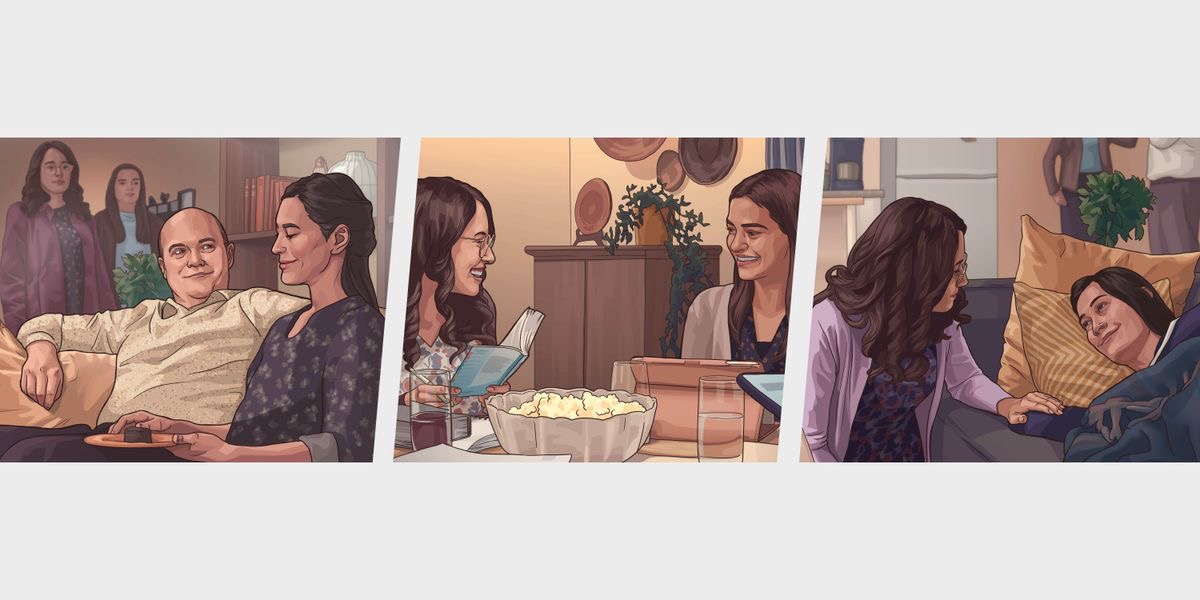 Imágenes basadas en el video “Cómo tener una familia feliz”. 1. Las hijas miran a sus padres mientras ellos comen un trozo de pastel. 2. Las hijas disfrutan y se ríen durante la adoración en familia. 3. Una de las hijas cuida de su madre, que está enferma en el sofá.