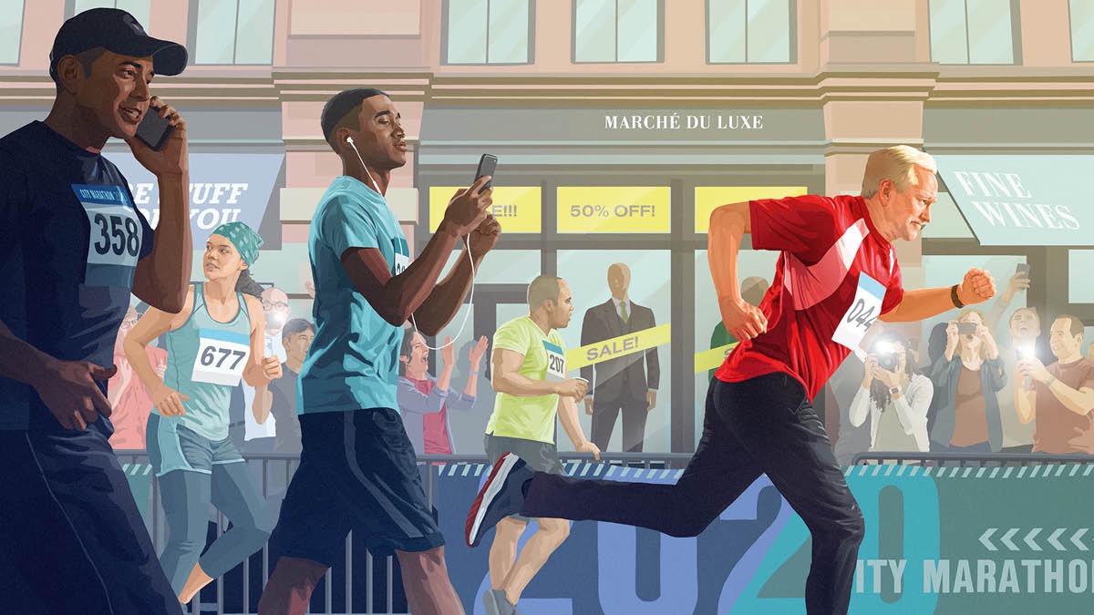 En una carrera urbana, algunos corredores se paran a mirar lo que ofrecen las tiendas y otros usan sus dispositivos móviles, pero el que va primero está centrado en la meta