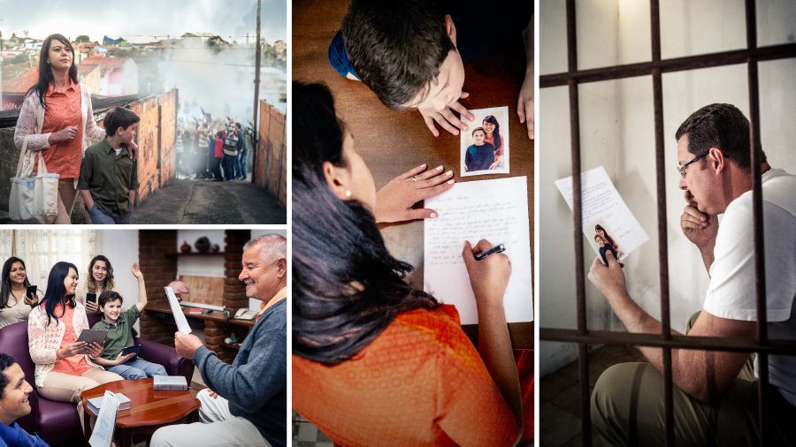 Una hermana asiste con su hijo a una reunión a pesar de que hay disturbios en las calles y luego le envía una carta de ánimo a su esposo, que está en prisión