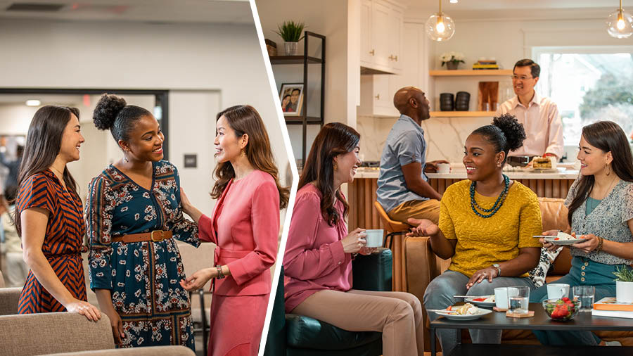 Serie de imágenes: 1. La hermana le presenta a su estudiante de la Biblia a una hermana en el Salón del Reino. 2. La hermana, la estudiante y el esposo de esta pasan un rato agradable en casa de la hermana que conoció en el Salón del Reino.