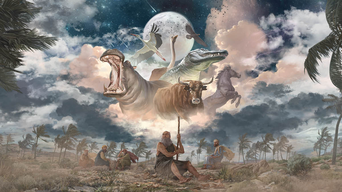 Job reflexiona en algunos animales impresionantes que Jehová ha creado, como el hipopótamo, la cigüeña, el avestruz, el cocodrilo, el águila, el caballo y el toro salvaje. Una tormenta está azotando el lugar. Cerca de Job están sentados Elihú y los tres falsos amigos.