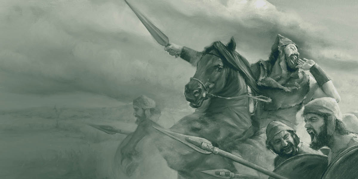 El rey Asá cabalga sobre un caballo y lleva a sus soldados a la batalla.