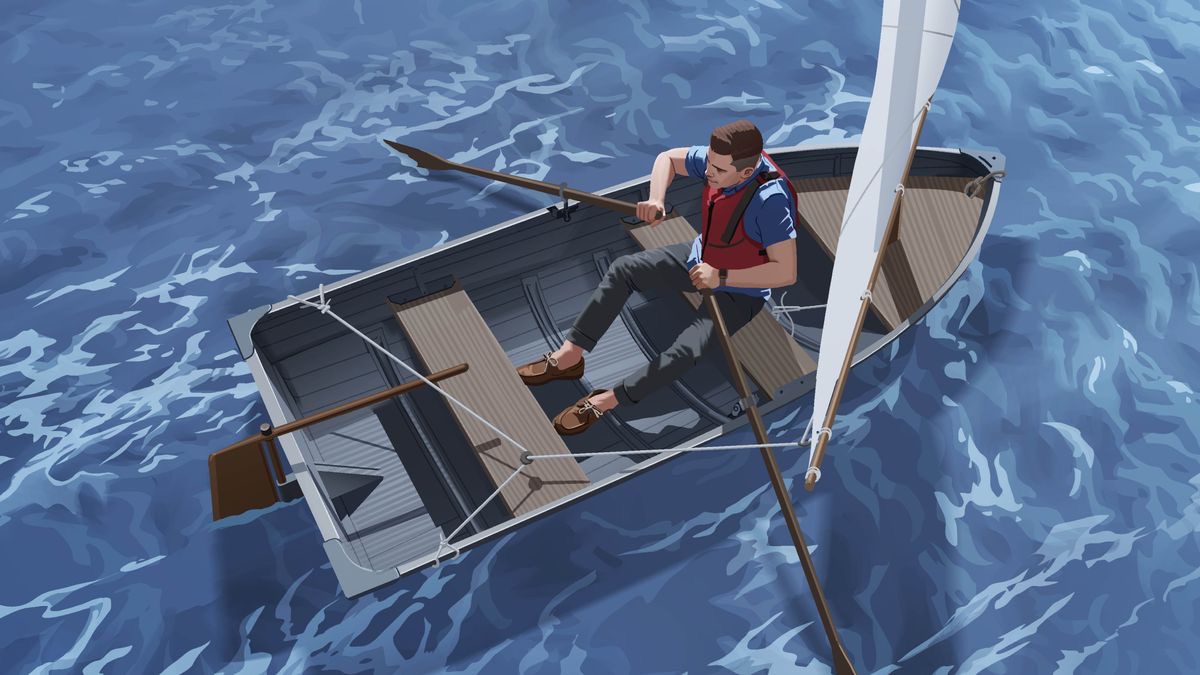 El mismo hombre remando para seguir su viaje.