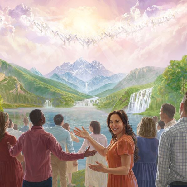 Los ángeles en el cielo y los seres humanos en el Paraíso alaban felices a Jehová.