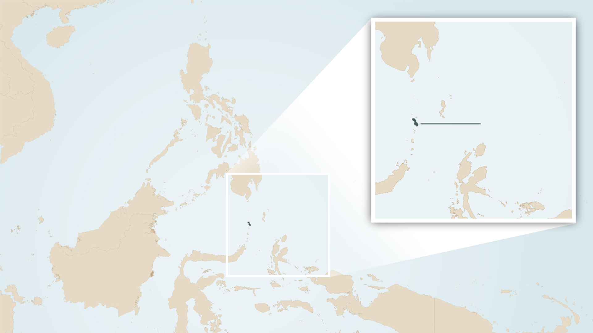 Mapa de Indonesia y otros países de los alrededores. En un recuadro ampliado se ve la pequeña isla de Sangir Besar.