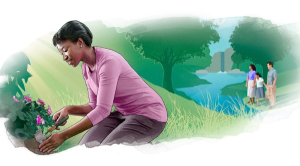 એક સ્ત્રી નવી દુનિયામાં બાગકામ કરી રહી છે