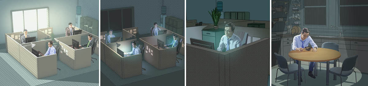 ચિત્ર: એક માણસ પોતાની નોકરીને વધારે મહત્ત્વની ગણી રહ્યો છે. ૧. તે દિવસે ઑફિસમાં કામ કરે છે. ૨. તે સાંજે પણ ઑફિસમાં કામ કરી રહ્યો છે. ૩. તેના સાથી કામદારો ઘરે જતા રહ્યા છે, તોપણ તે હજુ કામ કરે છે. ૪. તે ઘરે એકલો જમે છે.