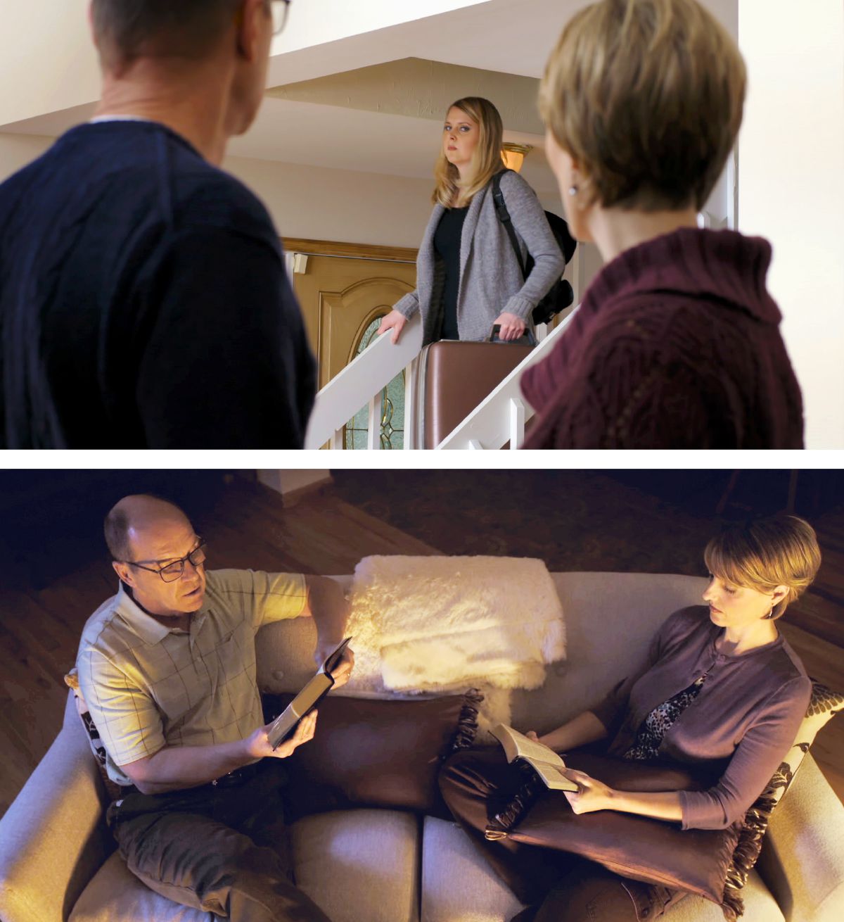 સોનિયાને જતા તેનાં માબાપ જોઈ રહ્યા છે; સોનિયાનાં માબાપ સાથે બાઇબલ વાંચી રહ્યા છે