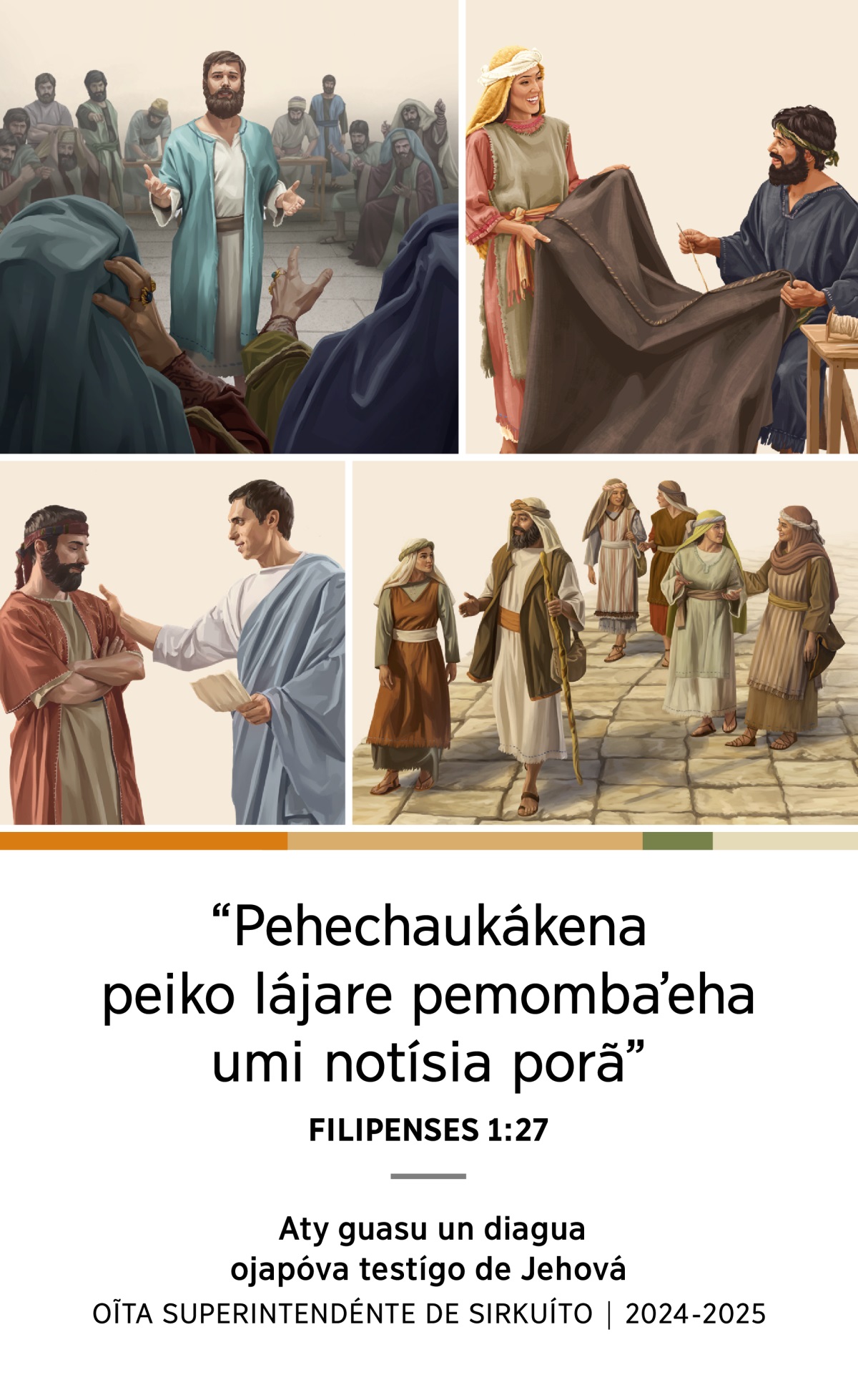 Taʼanga: 1. Esteban odefende ijerovia pe Sanedrín renondépe. 2. Áquila ha Priscila ojapo óga kárpa oñondive. 3. Felipe oguata ohóvo hembireko ha cuatro itajýra ndive. 4. Tito oñeʼẽ peteĩ ansiáno ndive.