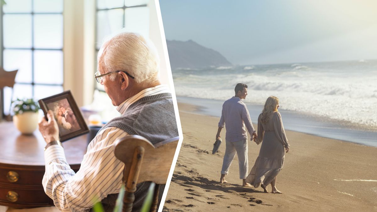 Taʼangakuéra: 1. Peteĩ viúdo oñembyasy hína omañávo pe fóto osẽ haguépe hembirekóndi omendaha díape. 2. Haʼe oñeimahina oĩmaha pe paraísope ha oguataha hembirekóndi ojopóre pe mar rembeʼýre.