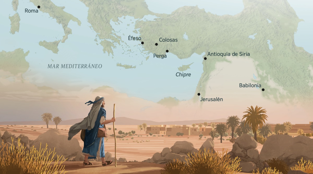 Marcos oguata ohóvo peteĩ desiértore og̃uahẽ hag̃ua peteĩ siuda opytávape mombyry chugui. Upe taʼangápe pe yvate gotyo ojekuaa peteĩ mápa ohechaukáva moõ moõrupipa Marcos posívlemente oviaha vaʼekue: 1. Roma. 2. Éfeso 3. Colosas. 4. Perga. 5. Chipre. 6. Antioquía de Siria. 7. Jerusalén. 8. Babilonia.