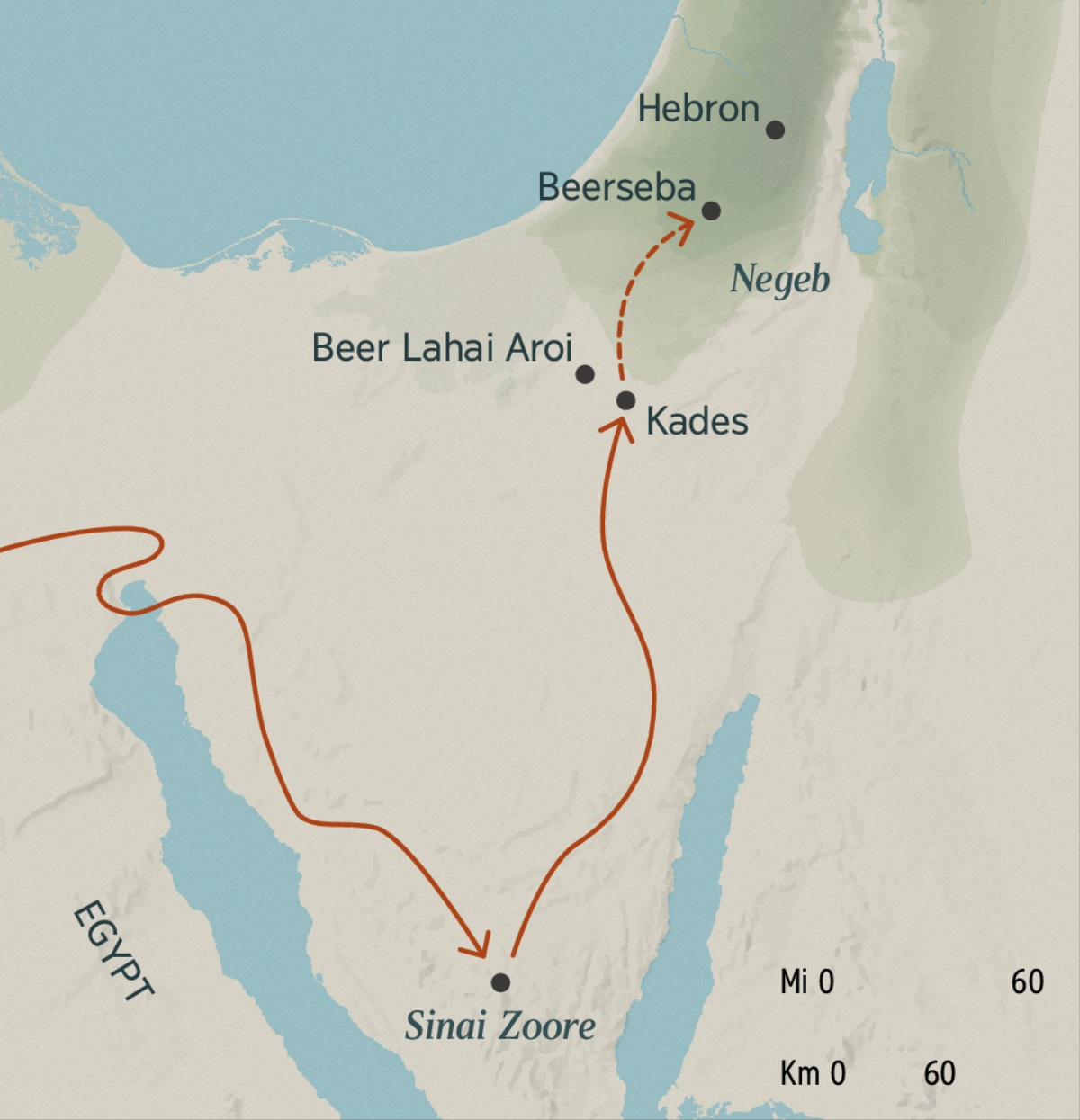 Map n pa’alɛ Israeldoma la n yuun ze’ele Egypt doose Sinai zoore la bɔba keŋɛ Kades. Map la le pa’alɛ la ban yuun ze’ele Kades keŋɛ Beerseba nyaa ta paɛ Hebron n boi Pu’ulumbiŋere Tiŋa la.