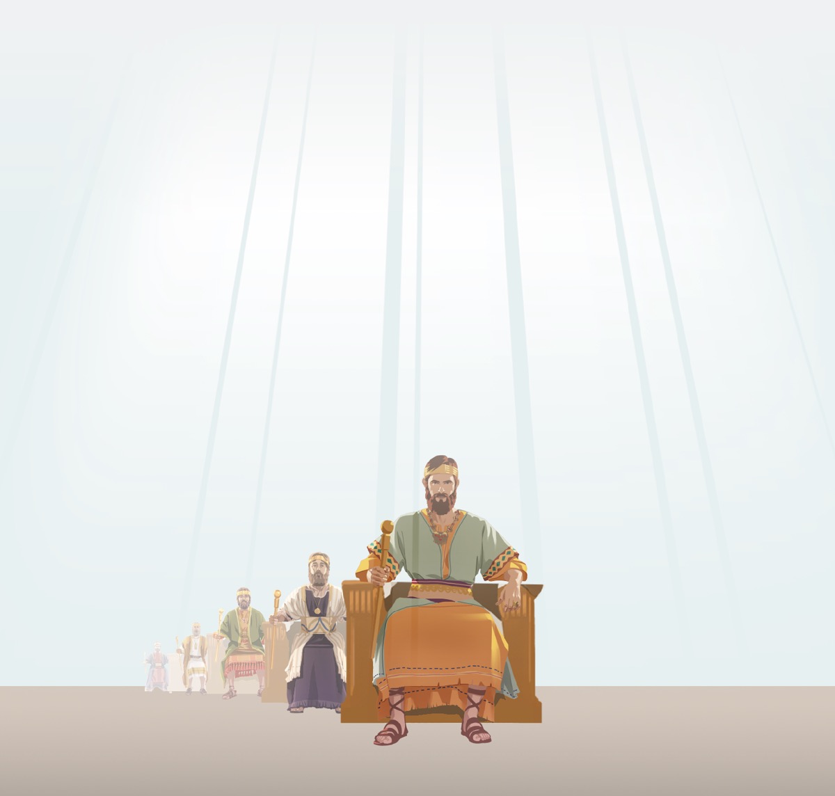 Sarakunan Isra’ilawa zaune a kan karagar mulki daya bayan daya. Haske na haskaka su daga sama.