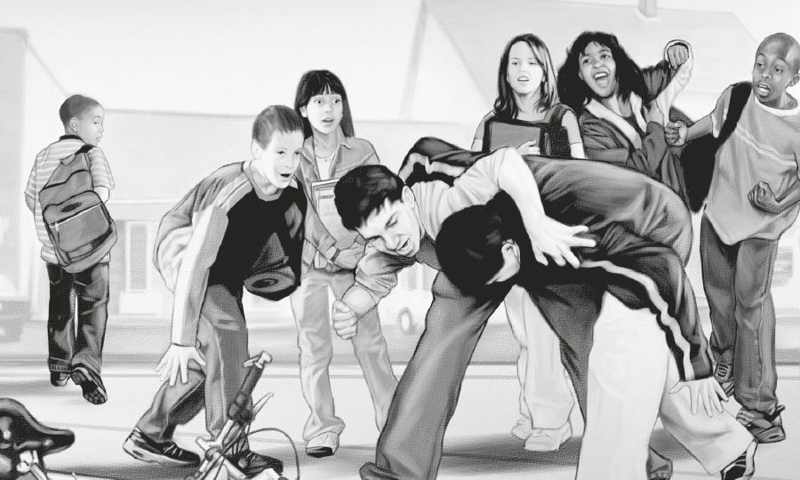 Wani yaro ya tafi sa’ad da ya ga wasu yara biyu suna fada wasu kuma suna kallonsu