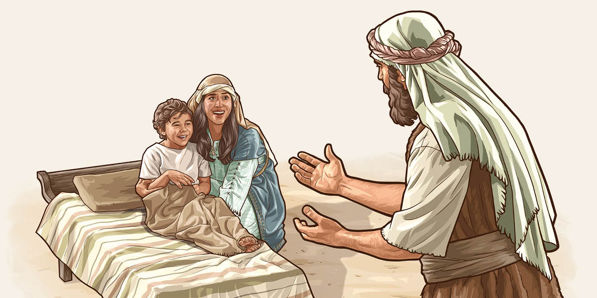 Mata daga Shunem ta rungumi danta da aka tayar daga mutuwa yayin da Elisha yana kallonsu.