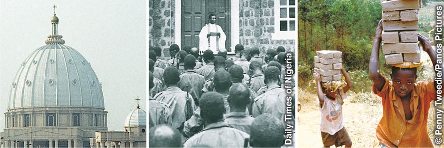 Ginin coci; shugaban wani addini yana magana da sojoji; yara suna bauta