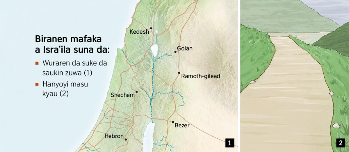 Taswira da ke nuna biranen mafaka guda shida a Isra’ila da kuma hanya mai kyau