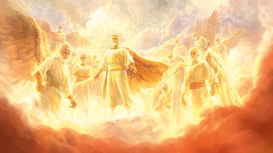 Yesu a matsayinsa na Sarki mai iko da ke ja-goranci a kan rundunar mala’iku a sama