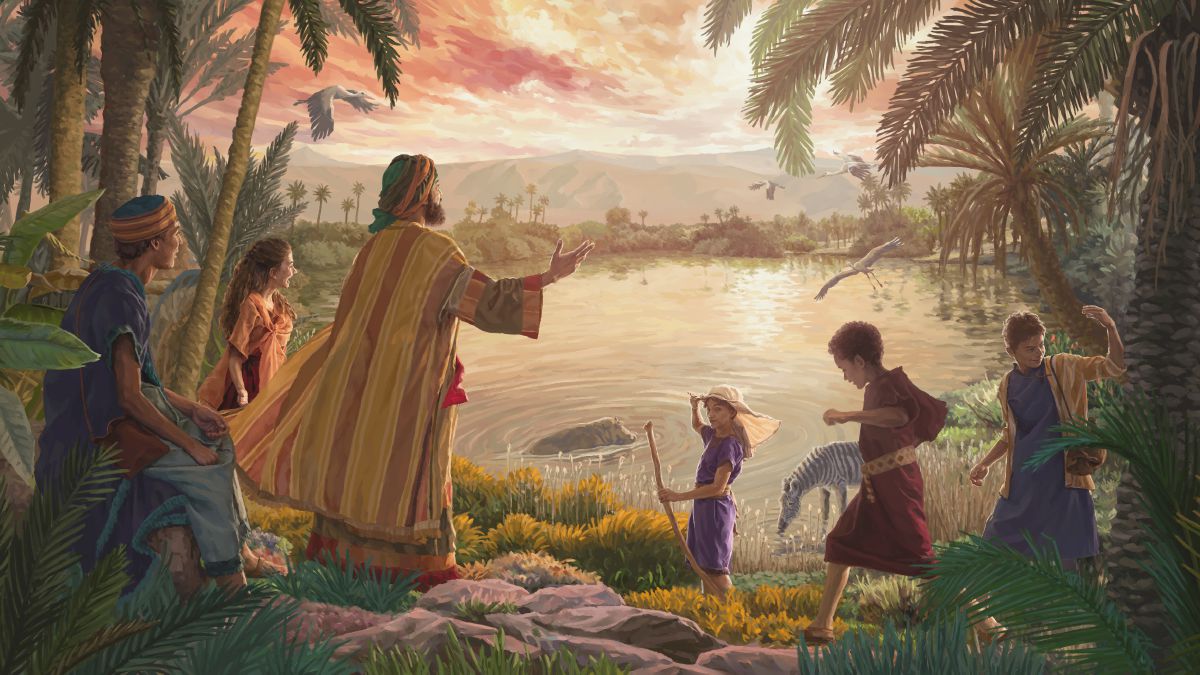 Ayuba sa’ad da bai tsufa ba yana koya ma wasu cikin yaransa game da abubuwan da Jehobah ya halitta