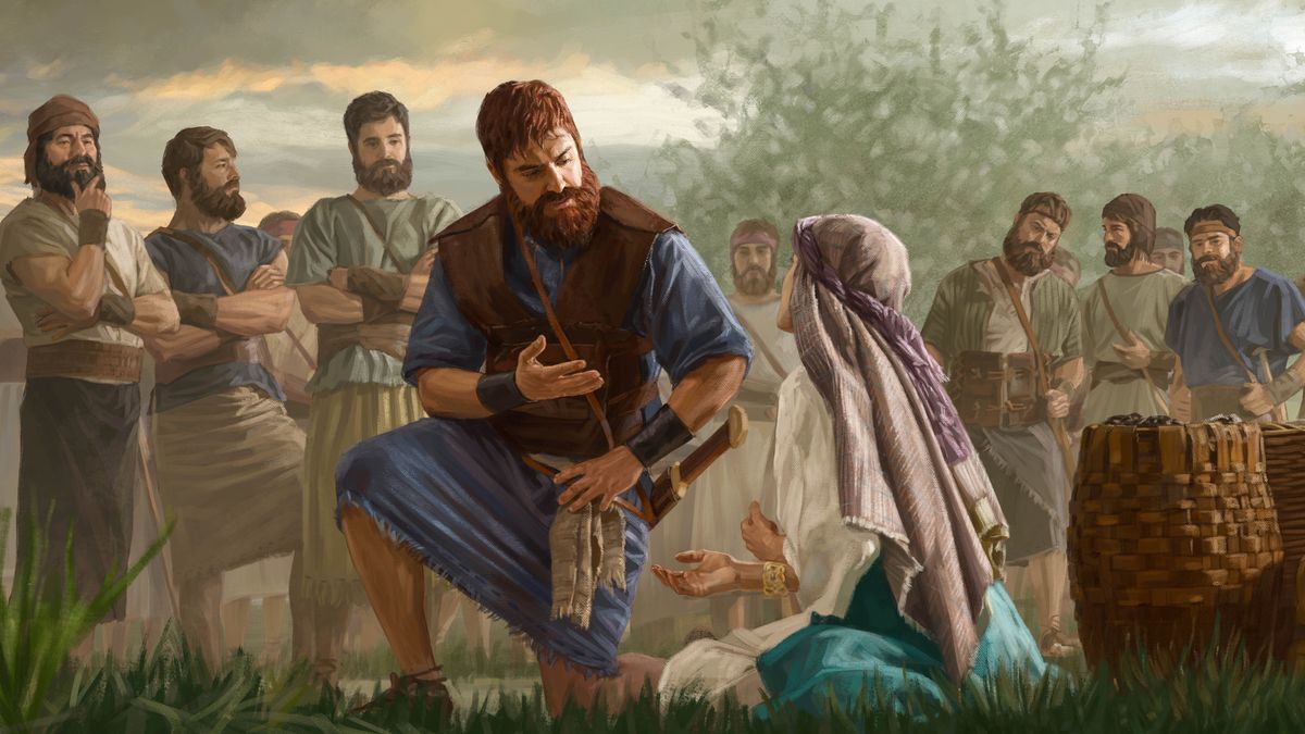 Abigail zaune a ƙasa tana roƙon Sarki Dauda, shi kuma yana sauraron ta.