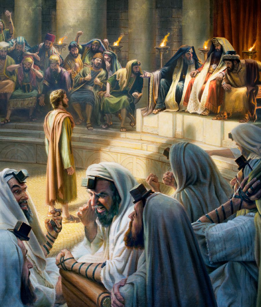 סטפנוס עומד שלו ורגוע לפני הסנהדרין.‏