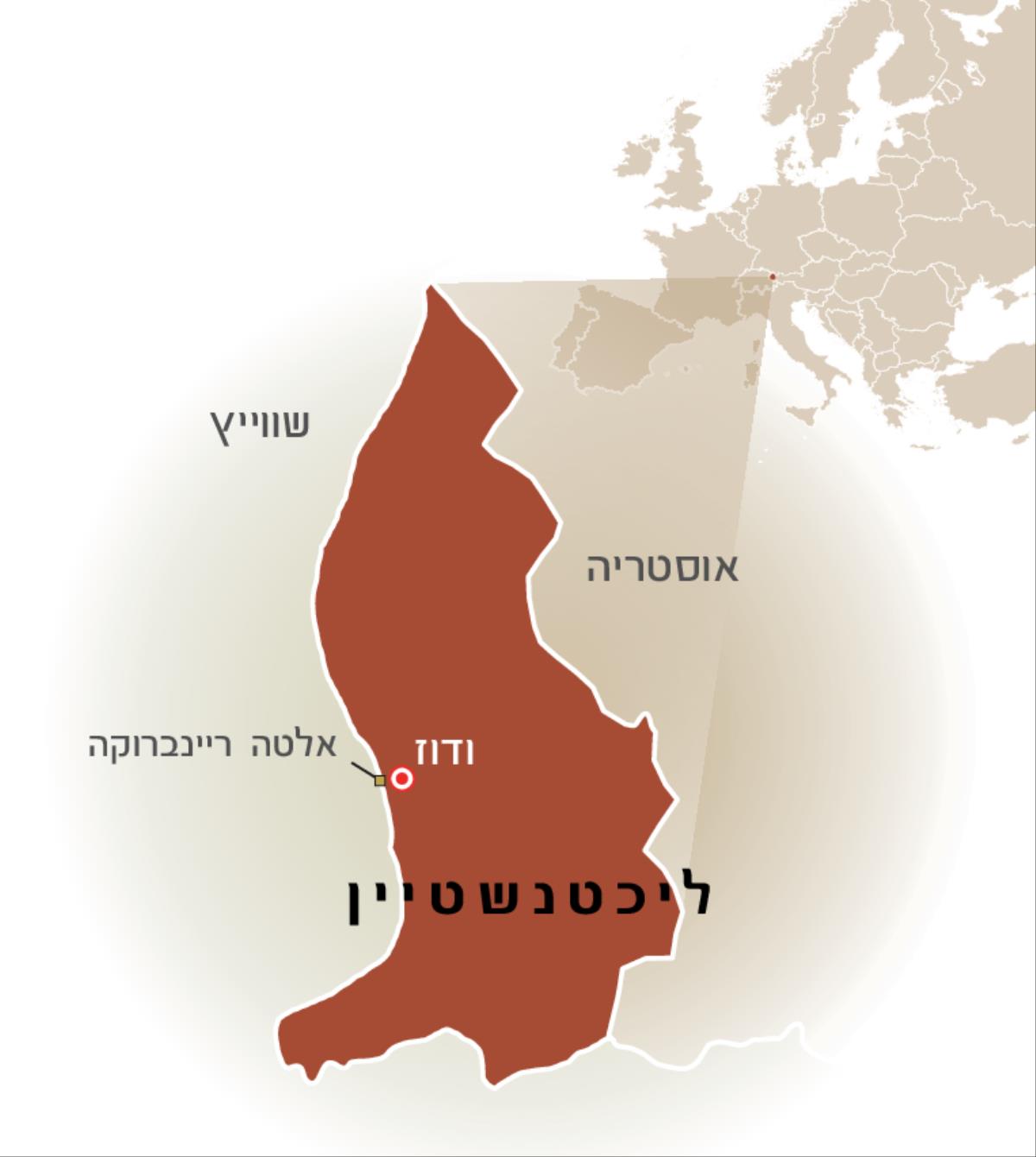 מפת ליכטנשטיין הגובלת בשווייץ ובאוסטריה
