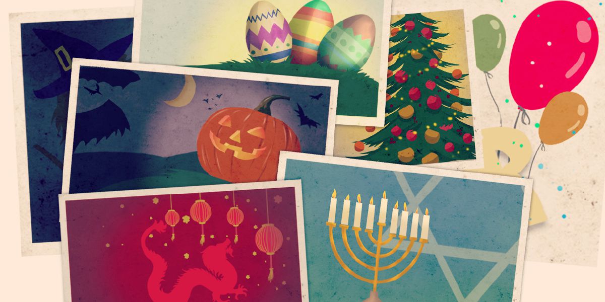 ביצי פסחא,‏ עץ חג המולד,‏ בלונים,‏ מנורה,‏ דרקונים ופנסים סיניים אדומים,‏ ג׳ק־או־לנטרן