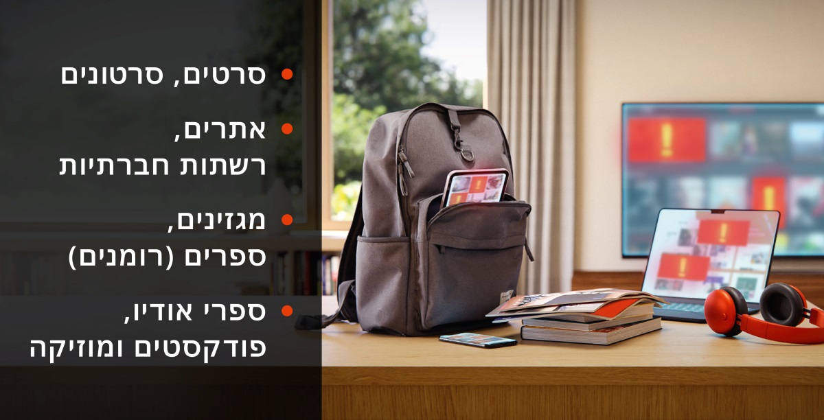 טאבלט בתיק גב,‏ טלפון נייד,‏ ספרים ומגזינים,‏ לפטופ עם אוזניות,‏ וטלוויזיה.‏ רשימה של מקורות פוטנציאליים לפורנוגרפיה,‏ וביניהם:‏ 1.‏ סרטים,‏ סרטונים.‏ 2.‏ אתרים,‏ רשתות חברתיות.‏ 3.‏מגזינים,‏ ספרים (‏רומנים)‏.‏ 4.‏ ספרי אודיו,‏ פודקסטים,‏ מוזיקה.‏